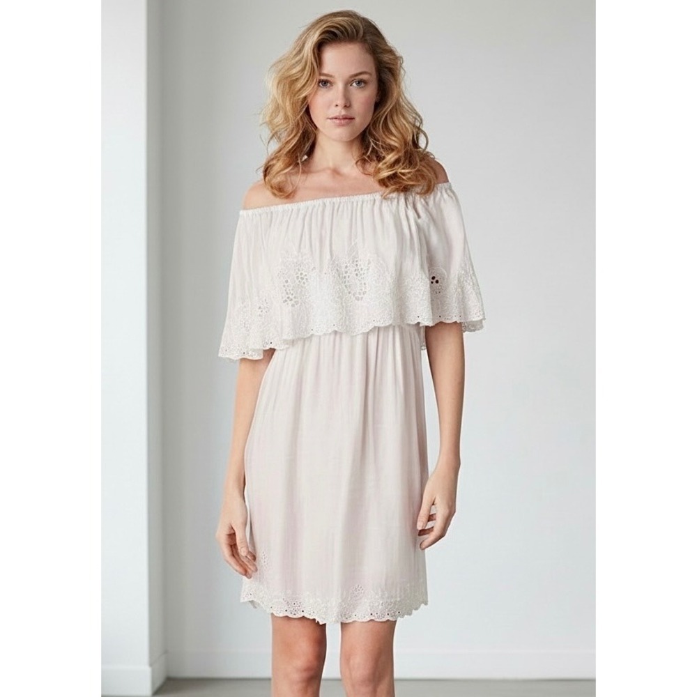 Free People White Eyelet Off Shoulder Ruffle Mini Dress SP